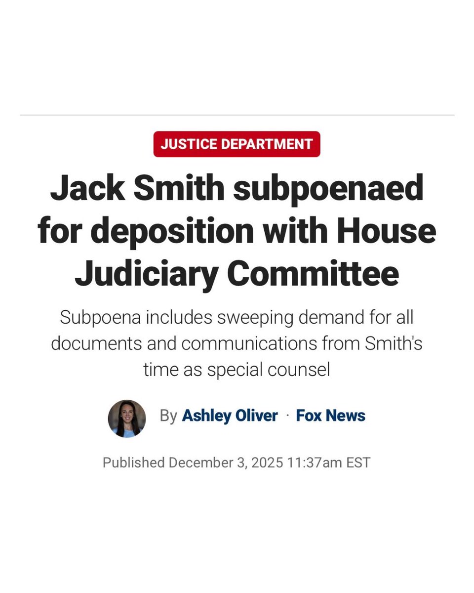 bennyjohnson's tweet image. BREAKING: The House Judiciary Committee has subpoenaed Jack Smith for all documents and communications from his tenure as Special Counsel.

He is required to appear for a deposition at the Capitol on December 17.