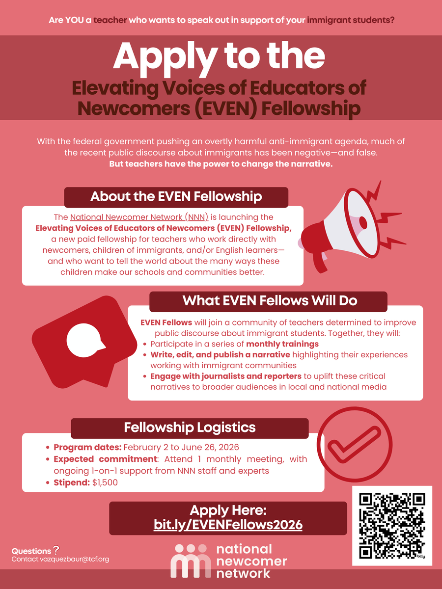 Are you a #teacher who works with immigrant students and wants to help tell their stories? 

Apply for this NEW <a href="/TCFdotorg/">The Century Foundation</a> National Newcomer Network teacher fellowship! bit.ly/EVENFellows2026 🗣 

#immigrantstudents #teacherleadership
