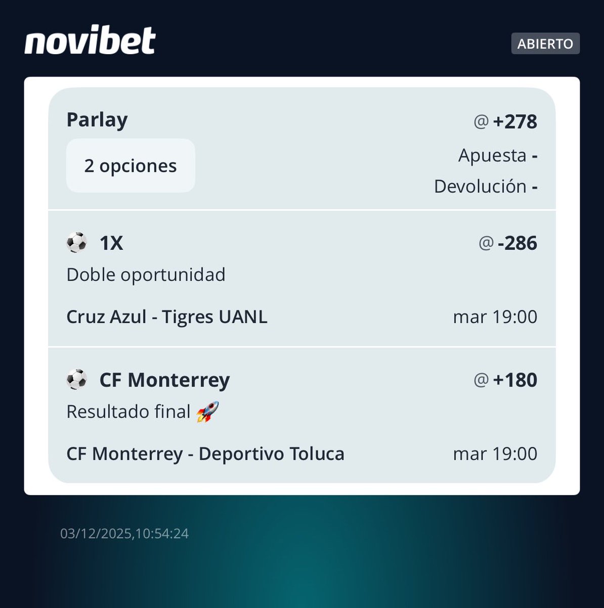 Parley de la bendita #LigaMX 🚀🔥 👀

Lo vamos a jugar en <a href="/NovibetMexico/">Novibet México</a> y lo mejor si el equipo va ganando por 2 goles nos la dan verde con el pago anticipado ✅

Si se cobra se van 5 transferencias 📲

Para participar solo deja tu like y comentario 💬