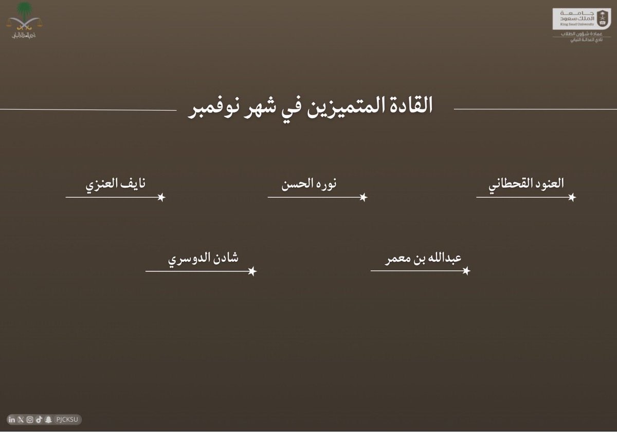 يسرّ نادي العدالة النيابي أن يُعلن عن القادة والأعضاء المتميّزين لشهر نوفمبر، عرفانًا بما قدّموه من جهود مبذولة، وتقديراً لإهتمامهم والتزامهم، حيث ساهمت جهودهم في تحقيق أهداف النادي 🤎

#نُوعّي_نُمكّن_نُحدث_فرقًا