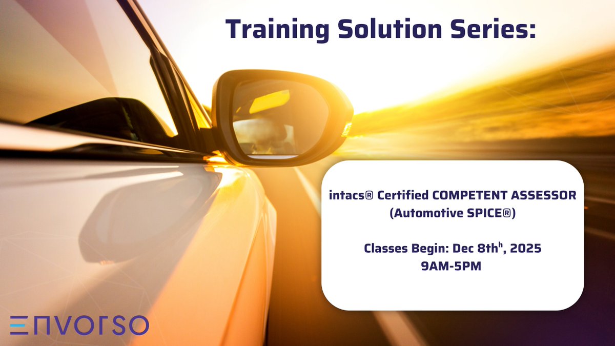 Training begins soon, don't miss your opportunity to learn intacs® Certified COMPETENT ASSESSOR (Automotive SPICE®) 

Register now:
envorso.com/classes

#Envorso #automotiveindustry #automotive #automotivespice #cartech #software #ai