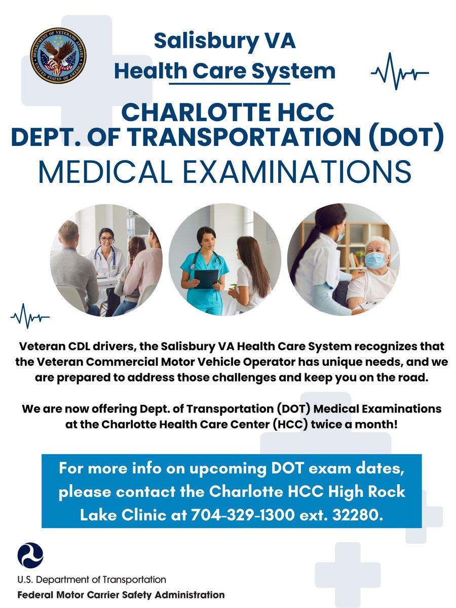 Veterans CDL drivers, did you know that you can receive your Department of Transportation (DOT) exam at the Charlotte Health Care Center (HCC)?

Exams are offered twice a month!

To learn more call the Charlotte HCC High Rock Lake Clinic at 704-329-1300 ext. 32280.

#ChooseVA