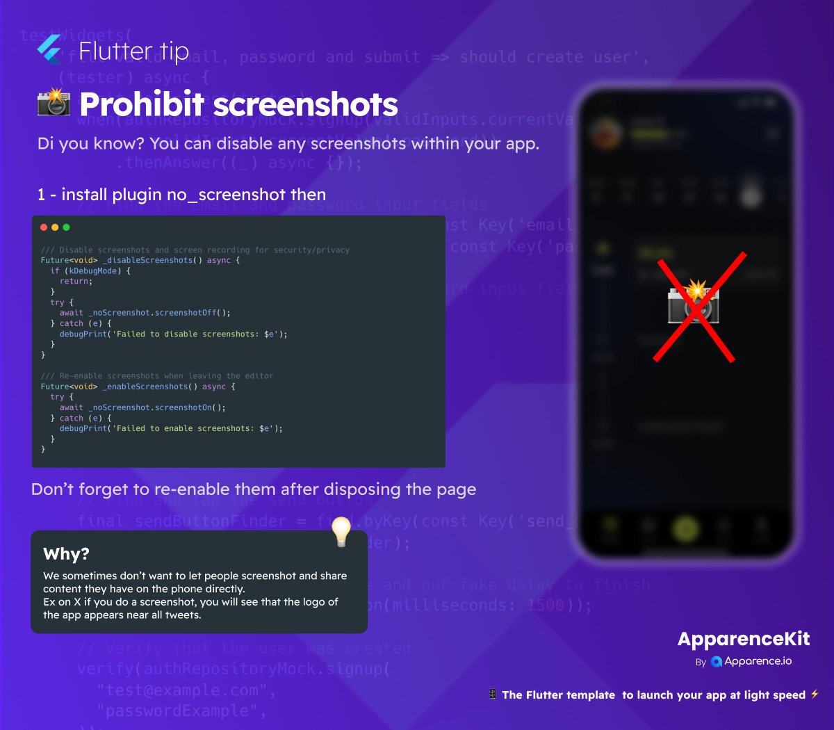 mcflyDev's tweet image. 🧐 Flutter tips

How to prevent people to take screenshots or record screen?

#flutterdev #fluttertips