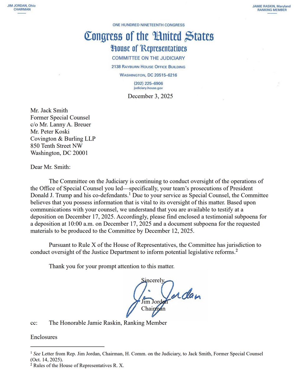 Jim_Jordan's tweet image. Jack Smith Subpoenaed.