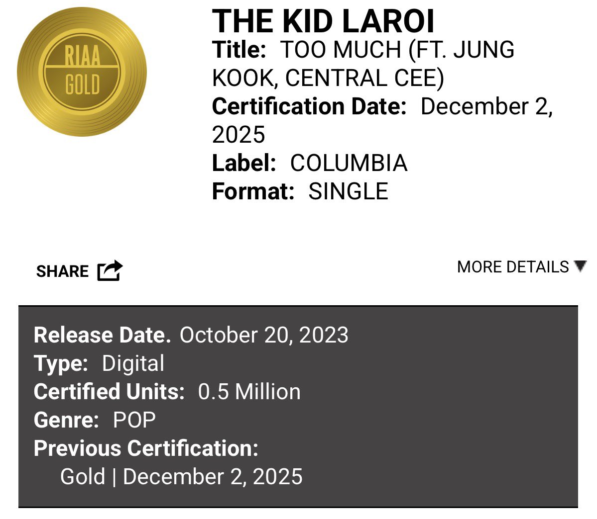 charts_k's tweet image. The Kid Laroi’s “Too Much” with Jungkook and Central Cee has been certified RIAA Gold in the US! (500,000) 📀
