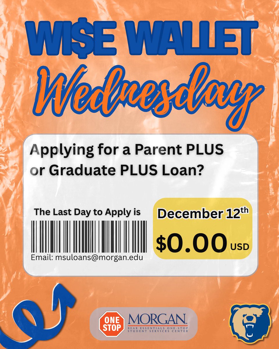 BEsocialMSU's tweet image. 💰Are you considering applying for a Parent PLUS Loan or a Graduate PLUS Loan? Please do so soon! The deadline to apply for a loan is December 12th. 💰

#MorganState #OneStop #WiseWalletWednesday