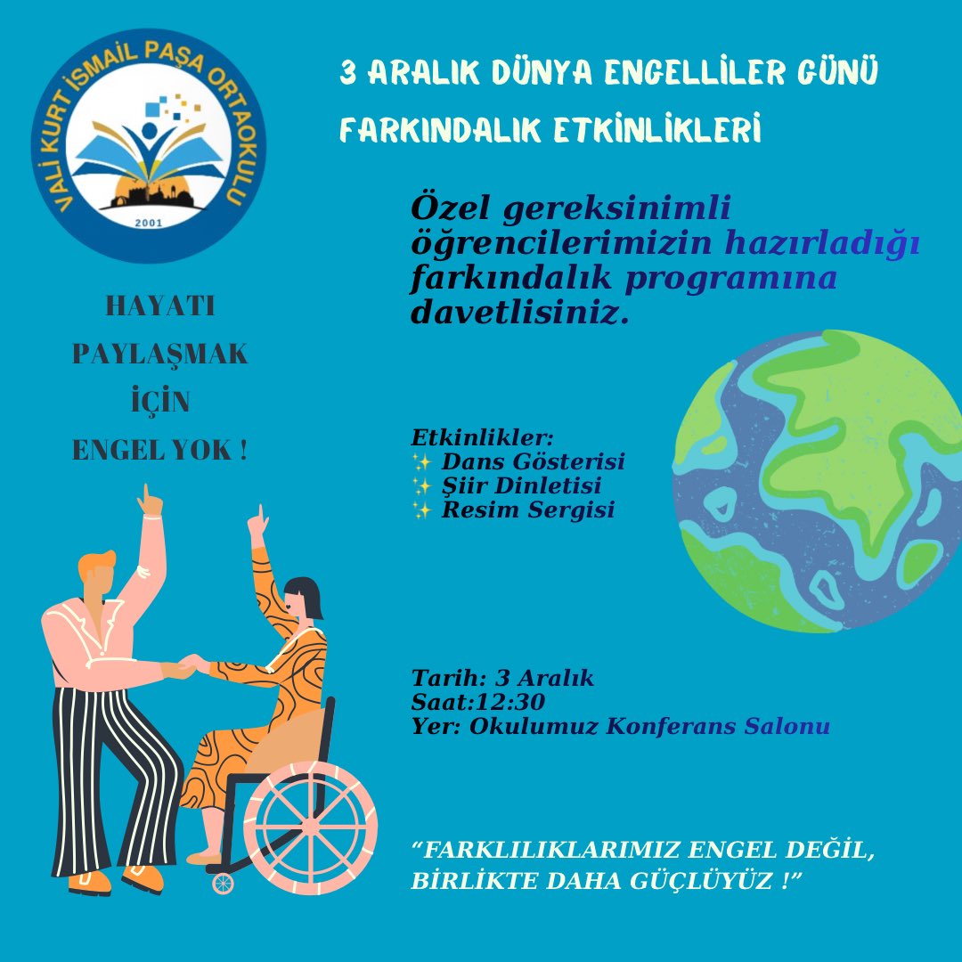 3 Aralık Dünya Engelliler Günü kapsamında okulumuzda özel gereksinimli öğrencilerimizin hazırladığı anlamlı farkındalık etkinlikleri büyük beğeni topladı.
🌟 Emeği geçen tüm öğretmenlerimize gönülden teşekkürler.
#3AralıkDünyaEngellilerGünü 
 <a href="/sadoglu_salih/">Salih Sadoğlu</a> <a href="/Kayahansubasi/">Kayahan Subaşı</a>