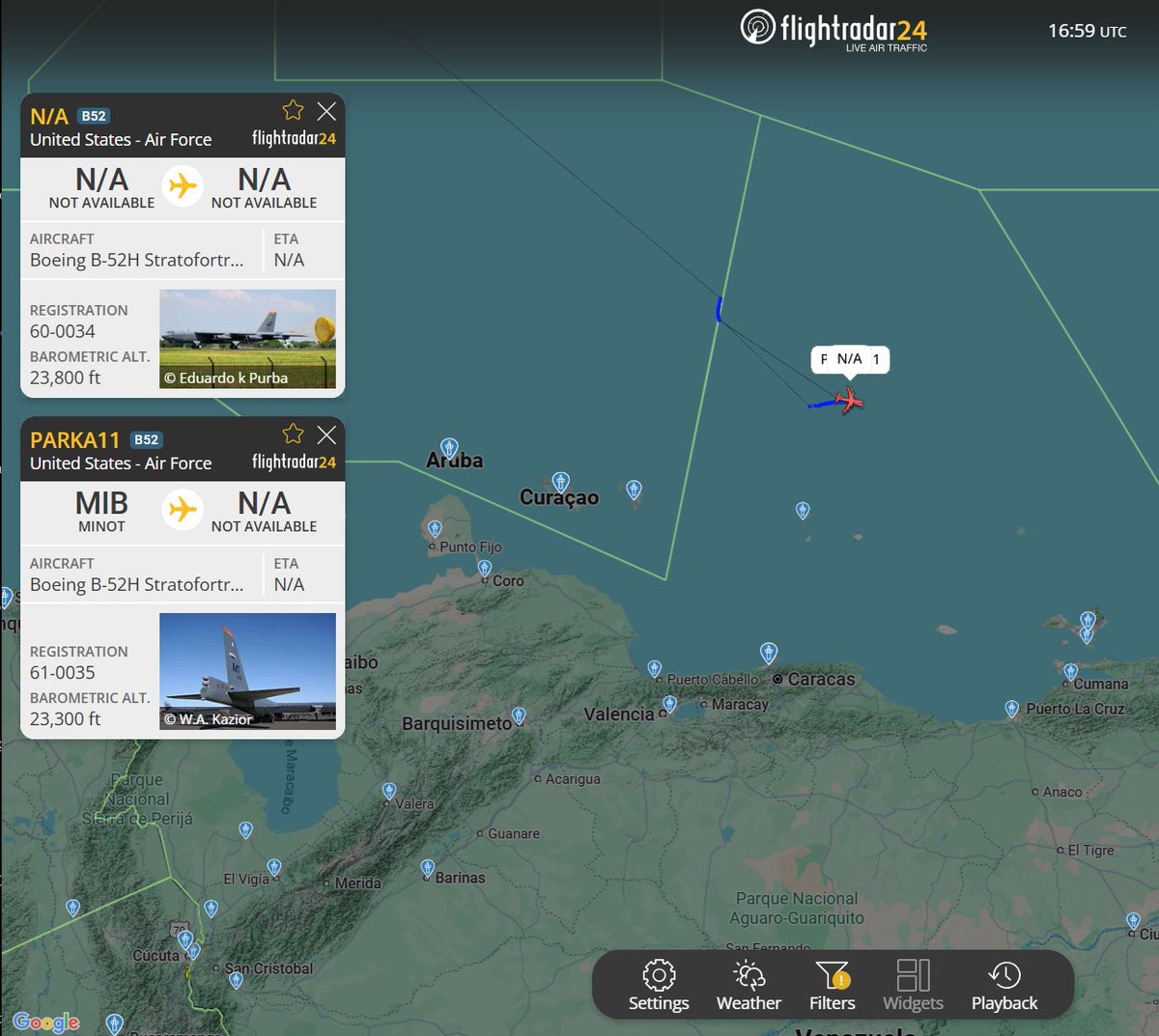 Flightwatcher1's tweet image. Pues ya llegó PARKA 11 (61-0035) y supongo que el otro
es PARKA 12 (60-0034) a ver que inventan esta vez..
#USAF #Southcom #Venezuela