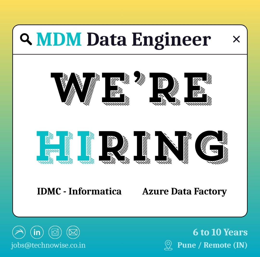 TechnoWise_ind's tweet image. Well, we may have a REMOTE job for you !!

▪️ 6 to 9 years in Data Engineering
▪️ 5 years in MDM and IDMC
▪️ Azure Data Factory
▪️ Active notice period &amp;lt; 30 days

📍 Remote 🇮🇳

#Informatica #IDMC #MDM #AzureDataFactory
#DataLake #Axon #Remote #WFH #Jobs

Follow: #TechnoWise_India
