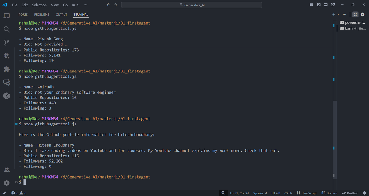 RahulDe13551305's tweet image. 🚀🚀 Day 3 of Building OpenAi Agents with @piyushgarg_dev 

✅ Learn about Agents Tools 
✅ Tools give agents the power to act just like our hands do 🧠✋
✅Ended the day by building a GitHub Profile Finder Bot! 🚀
@Hiteshdotcom @ChaiCodeHQ 

#chaicode #OpenAI  #hiteshchoudhary