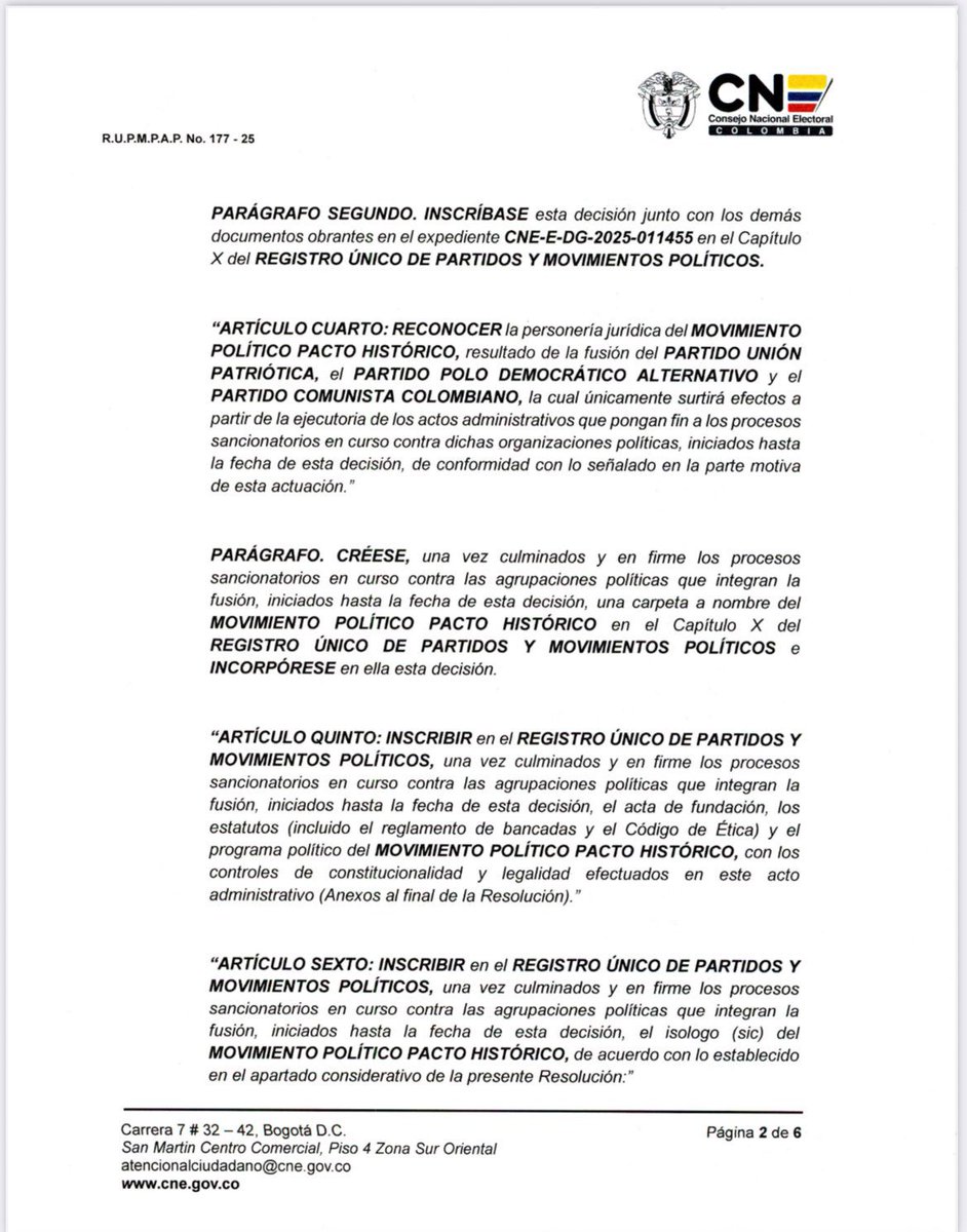 fredyperiodista's tweet image. #Atención | El CNE @CNE_COLOMBIA reconoce la personería jurídica del PACTO HISTÓRICO @PactoCol como resultado de la fusión entre el Polo Democrático @PoloDemocratico, la UP @UP_Colombia y el Partido Comunista. ​Nace un nuevo en la escena electoral
#Política #Elecciones2026