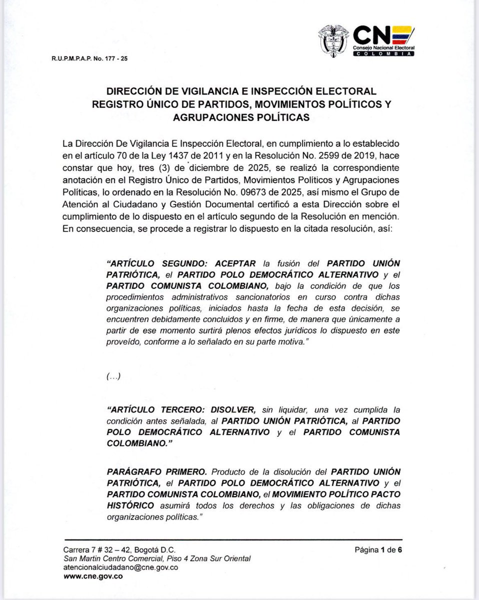 fredyperiodista's tweet image. #Atención | El CNE @CNE_COLOMBIA reconoce la personería jurídica del PACTO HISTÓRICO @PactoCol como resultado de la fusión entre el Polo Democrático @PoloDemocratico, la UP @UP_Colombia y el Partido Comunista. ​Nace un nuevo en la escena electoral
#Política #Elecciones2026