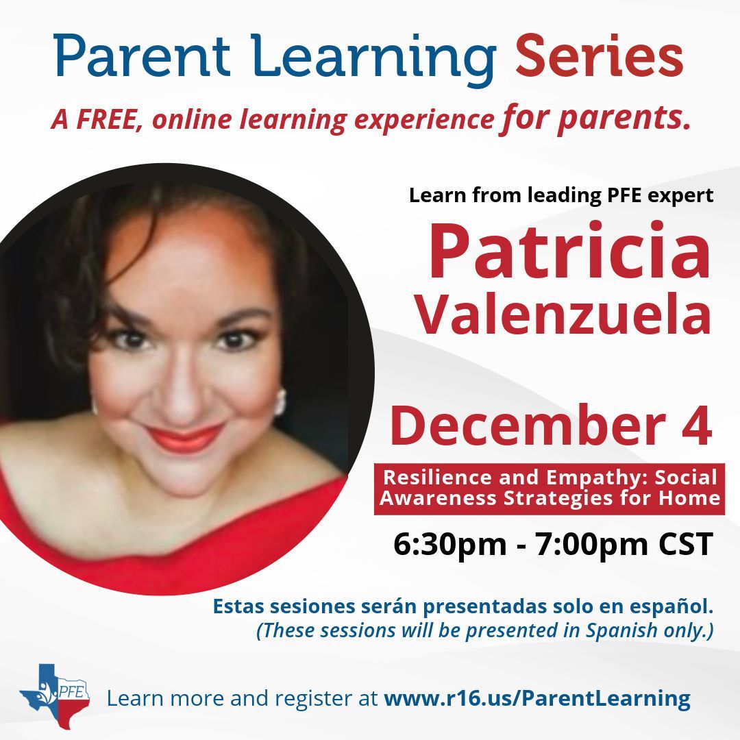 PFETexas's tweet photo. Join us tomorrow for a FREE webinar with Patricia Valenzuela, presented in Spanish! ¡Únete mañana a nuestro seminario web gratuito en español con Patricia Valenzuela! Aprende a desarrollar estrategias para fomentar la conciencia social en el hogar. https://t.co/A4eRTRQdtj. https://t.co/Iv5aR04Fn2