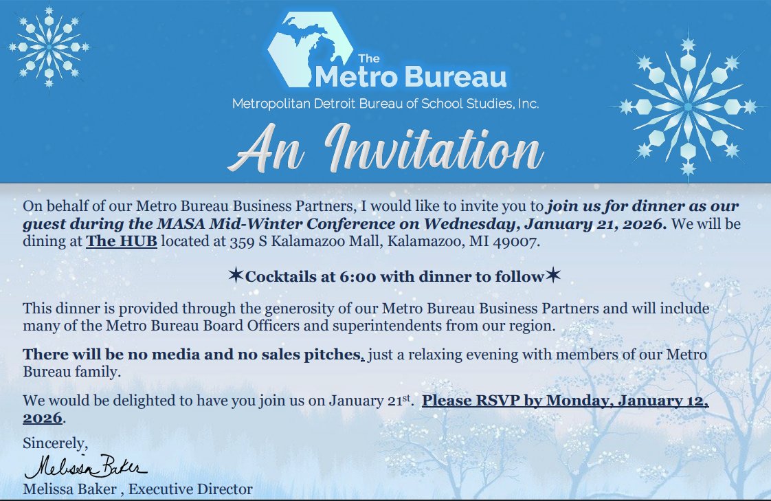 Join us for a Metro Bureau dinner during the MASA Mid-Winter Conference! 🍽️
📅 Jan 21, 2026
⏰ 6 PM cocktails, dinner to follow
📍 The HUB, Kalamazoo
A relaxed evening with Metro Bureau leaders—no media, no sales pitches.
RSVP by Jan 12!
metrobureau.org