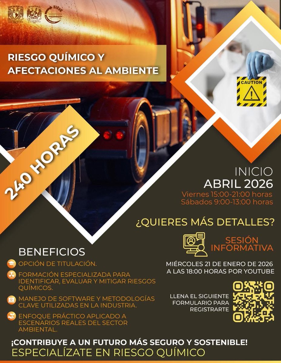 Prepárate para prevenir accidentes químicos y proteger el ambiente. 

Llega el Diplomado en #RiesgoQuímico con opción de titulación 🎓

👉 Conoce costos, becas y temario en la Sesión informativa | 21 de enero | 18:00 h | YouTube

Registro: forms.gle/Nv3HVwKmuSnVTQ…