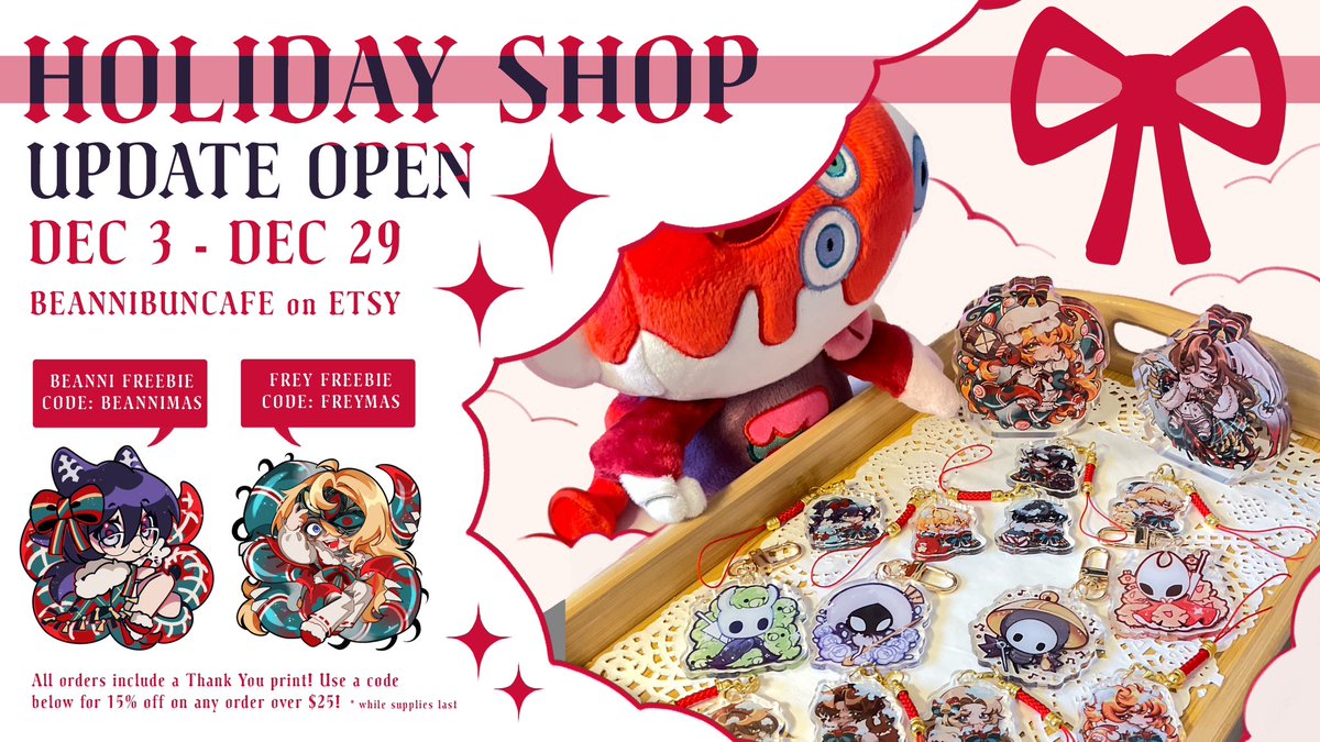 🎀 HOLIDAY SHOP OPEN 🎀

💌 DEC 3 - DEC 29

My shop is now open! Don’t forget to use the coupon codes for 15% off an order $25 and up! 

Link in my bio or down below!