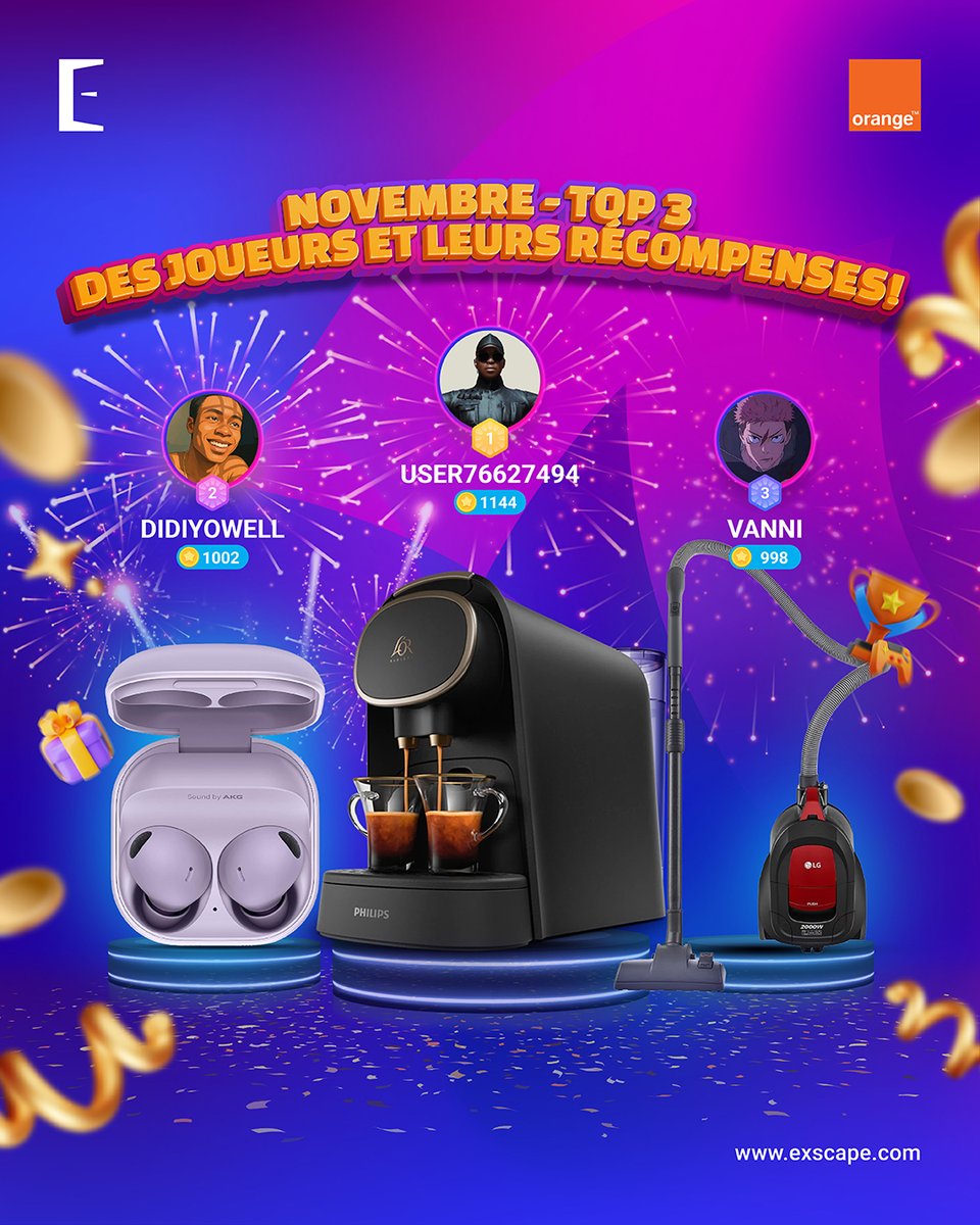 Exscape_FR's tweet image. Découvrez nos champions de novembre ! 🏆 Félicitations aux 3 meilleurs joueurs Exscape, votre dévouement a payé. 💰 Qui sera célébré en décembre ? Téléchargez l’appli et jouez pour tenter de figurer parmi les gagnants ! 🚀
#ExscapeWinners #ExscapeCotédIvoire #Gaming #PlayandWin