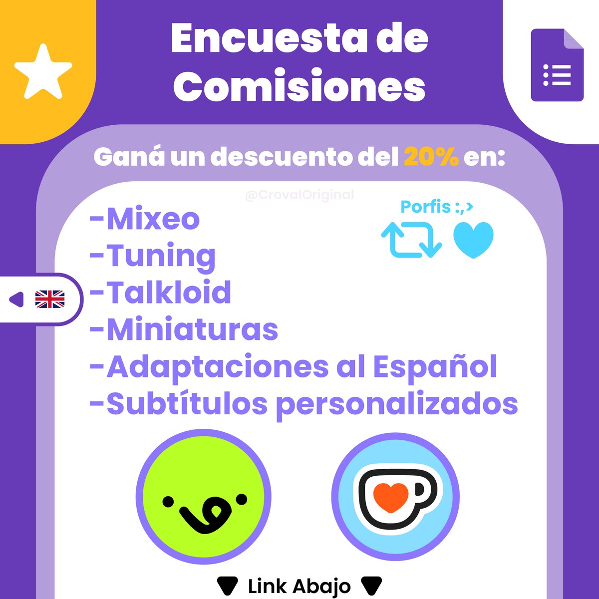 🇬🇧
GET 20% OFF ON ONE OF MY COMMISIONS ⭐

Just fill out this survey to help me open commissions soon ❤️

(RT &amp; Like are appreciated :,3)

🇪🇸
OBTÉN 20% DE DESCUENTO EN UNA COMISIÓN MÍA RELLENANDO EL FORMULARIO

(Se aprecian los RT y Likes :,3)

🔽Link 🔽
#vgen #commissionsopen