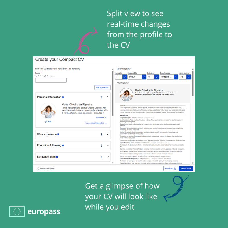 EU_Social's tweet photo. Creating your CV just got faster and easier ๐
๐ฅ๏ธ See real-time updates from your profile to your CV and know exactly how your CV will look while you edit your information.
Your perfect CV is just a few clicks away.
Try it now โ #Europass #20YearsOfEuropass