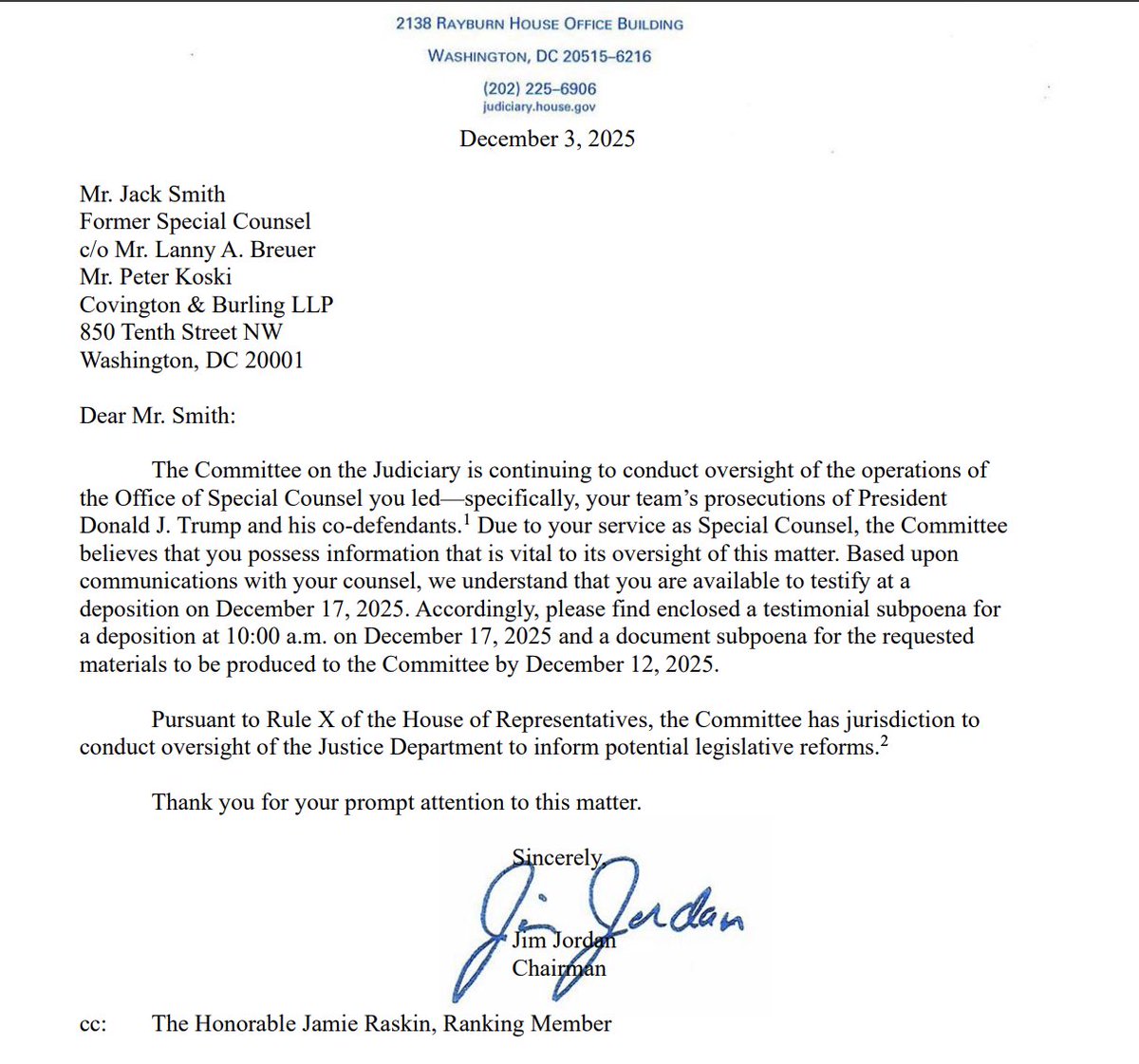 kyledcheney's tweet image. JUST IN:  House Judiciary Committee Chairman Jim Jordan has subpoenaed Jack Smith for a deposition on Dec. 17.