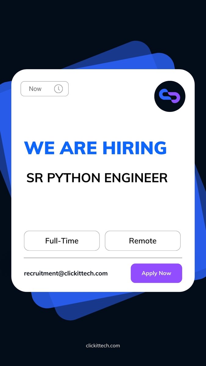 ClickIT_Tech's tweet image. 🚀 Looking for your next challenge in tech?

We&apos;re #hiring a Sr. Python Engineer — full-time, 100% #remote
Work on global projects, innovate with cloud-native teams, and grow with a leading IT company.
Apply now 👉 recruitment@clickittech.com

#PythonJobs #RemoteJobs #TechCareers