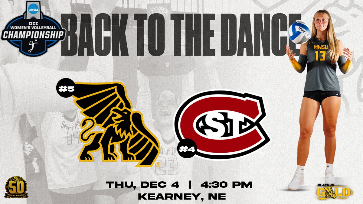 MWSUGriffons's tweet image. Back to the dance 💃

Griffon Volleyball returns to the NCAA Tournament for the second year in a row and the fourth in program history.

#5 MoWest takes on #4 St. Cloud State on Thursday at 4:30 p.m. in Kearney, Neb.

📰 -  bit.ly/4pQMcr8

#BlackisGold🔔| #FightOn50