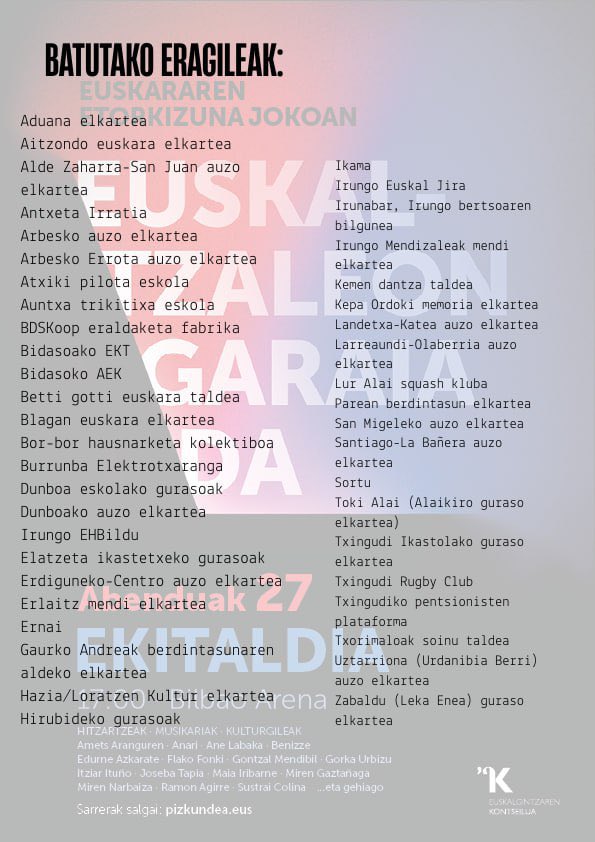 ErnaiIrun's tweet image. Abenduak 3 · EUSKARAREN NAZIOARTEKO EGUNA

Euskararen egoerak kezkaturik, hainbat eragile elkartu gara hau salatzeko eta Kontseiluak deituriko ekitaldira deialdia egiteko.

Abenduak 27 ikusiko dugu elkar Miribilan. 

EUSKALTZALEON GARAIA DA !
