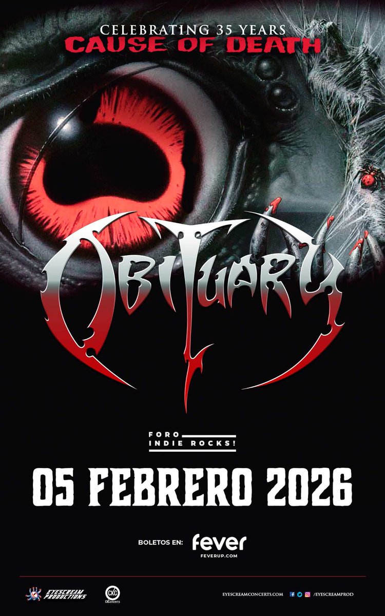🩸 OBITUARY – CAUSE OF DEATH EN VIVO – 5 DE FEBRERO 2026 – FORO INDIE ROCKS!

Uno de los pilares del death metal mundial regresa a la Ciudad de México 

🗓 5 de febrero 2026
📍 Foro Indie Rocks!, CDMX
🎟 Boletos ya a la venta en FEVER: feverup.com/m/521421

#Tattoaje