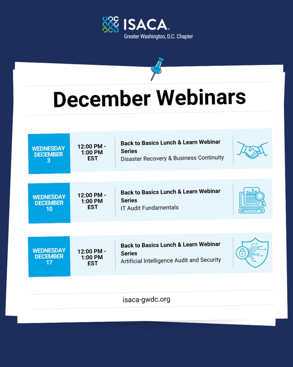 We hope you'll join us for our upcoming December webinars! 

💻  Virtual Events (Zoom)
📔 Earn up to 1 CPE
💵 $5 for GWDC Members / $10 for Non-Members
🏫 Complimentary student registration (no CPE)

Learn more and register here: isaca-gwdc.org/events/