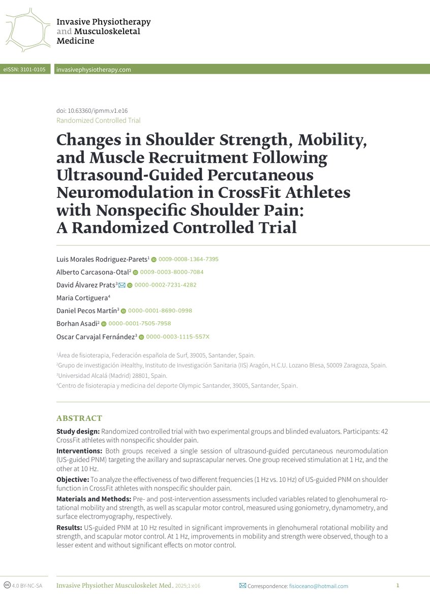 NEW PUBLICATION ALERT!!
View of Changes in Shoulder Strength, Mobility, and Muscle Recruitment Following Ultrasound-Guided Percutaneous Neuromodulation in CrossFit Athletes with Nonspecific Shoulder Pain: A Randomized Controlled Trial