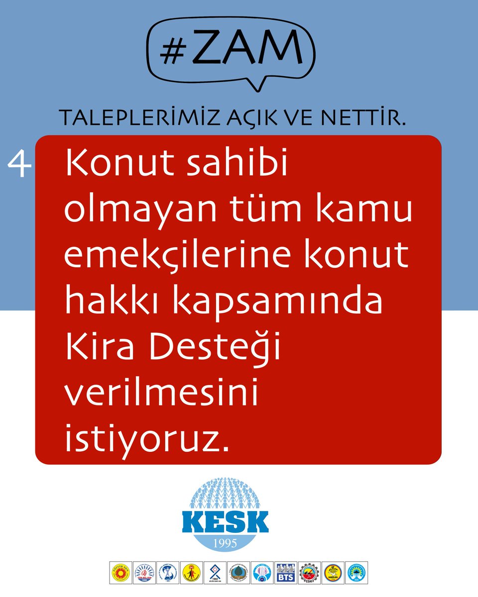 TALEPLERİMİZ AÇIK VE NETTİR. 
KESK olarak bu ülkenin onurlu tüm kamu emekçilerinin, emeklilerinin hak ettiği insanca yaşamaya yetecek bir ücret, demokratik-adil bir çalışma yaşamı istiyoruz. 
#Zam