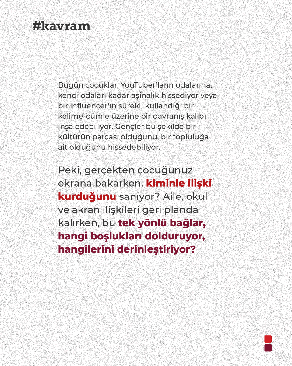 Cambridge Sözlüğü, “parasosyal”i, kişinin bir ünlüye, kurmaca karaktere ya da yapay zekâya yönelik bağlılık hissinin, karşı tarafta gerçek bir ilişki karşılığı olmaması olarak tanımlar.

Enstitü Sosyal YouTube kanalında “The Crisis of School Violence” kitabının değerlendirmesinde