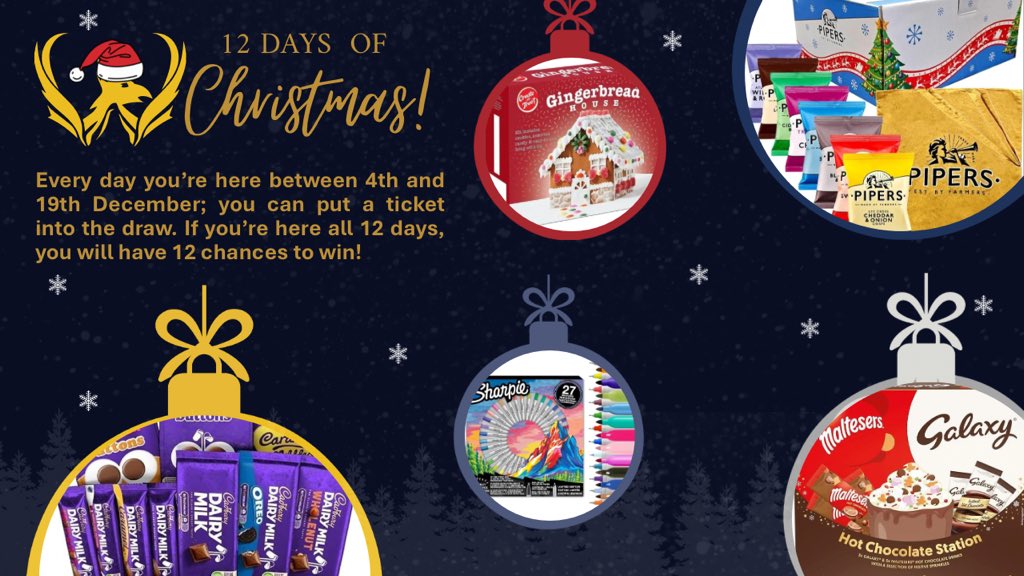 For the final 12 days of term all students will be able to enter a ticket into a prize draw for each day they attend! 5 great prizes to win on 19th December. 12 days in school = 12 entries into the draw!