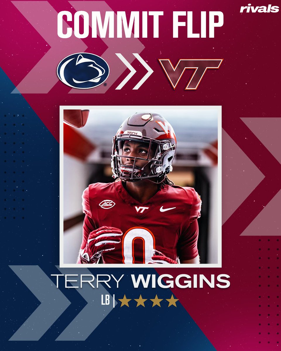 Rivals's tweet image. 🚨BREAKING🚨 4-star LB Terry Wiggins has flipped his commitment from Penn State to Virginia Tech🦃

Read: on3.com/rivals/news/4-…