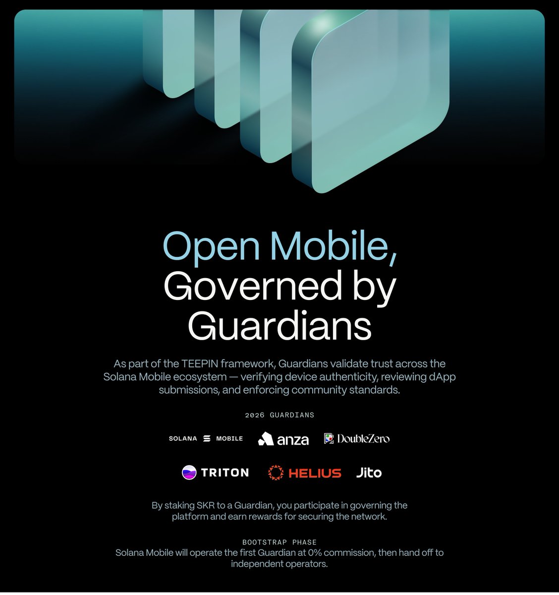 solanamobile's tweet image. Guardians verify device authenticity, review dApp submissions, and enforce community standards.

@solanamobile will serve as the first Guardian, with more committed to launch in 2026:

- @heliuslabs
- @doublezero
- @triton_one
- @Jito_sol
- @anza_xyz