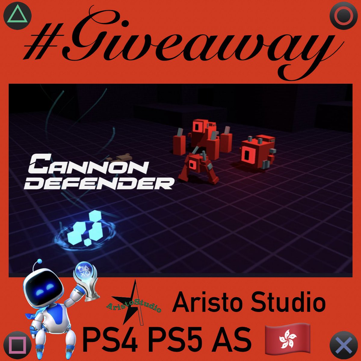 PSN_Robert2567's tweet image. 🎁 #Giveaway 🎮 Cannon Defender 🤖
🌐 🇭🇰 AS 🗝️ 1x #PS4 1x #PS5  
💬 Want a specific Platform? → Comment
🔁 Repost ❤️ Like 👤 Follow  
@PSN_Robert2567 + @Aristo_Studio 
⏳ Winner’s in 48h → Good luck🍀
