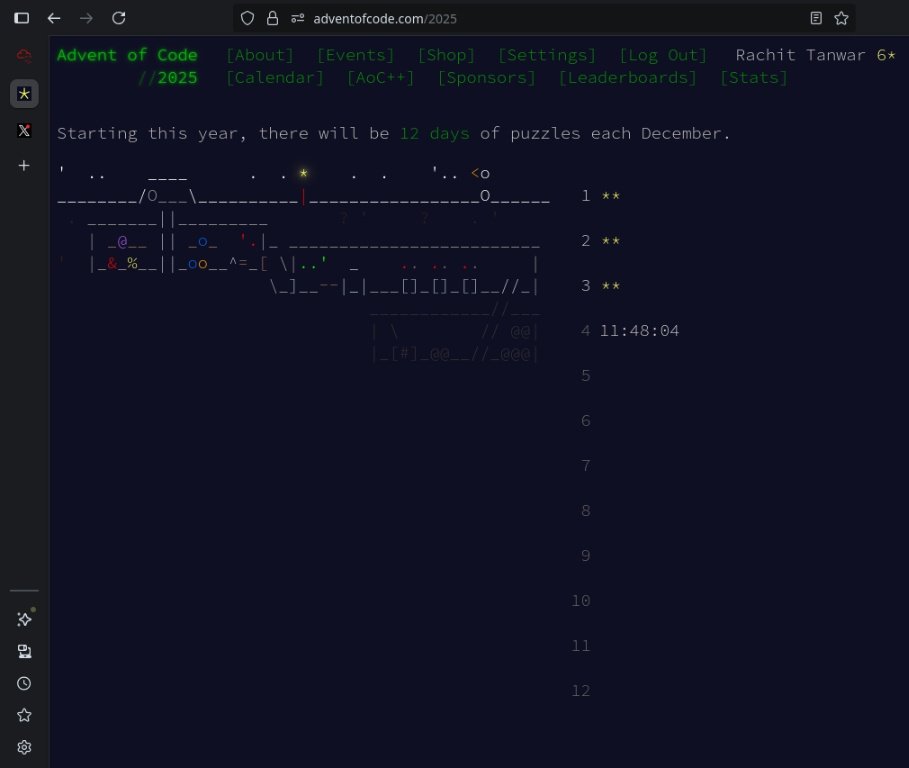 Tanwar_795's tweet image. I just completed &quot;Lobby&quot; - Day 3 - Advent of Code 2025 adventofcode.com/2025/day/3 #AdventOfCode

Today&apos;s problems were easier compared to previous days for me, this time i finally went with the first optimized solution that came to mind, didn&apos;t even think about brute force one.