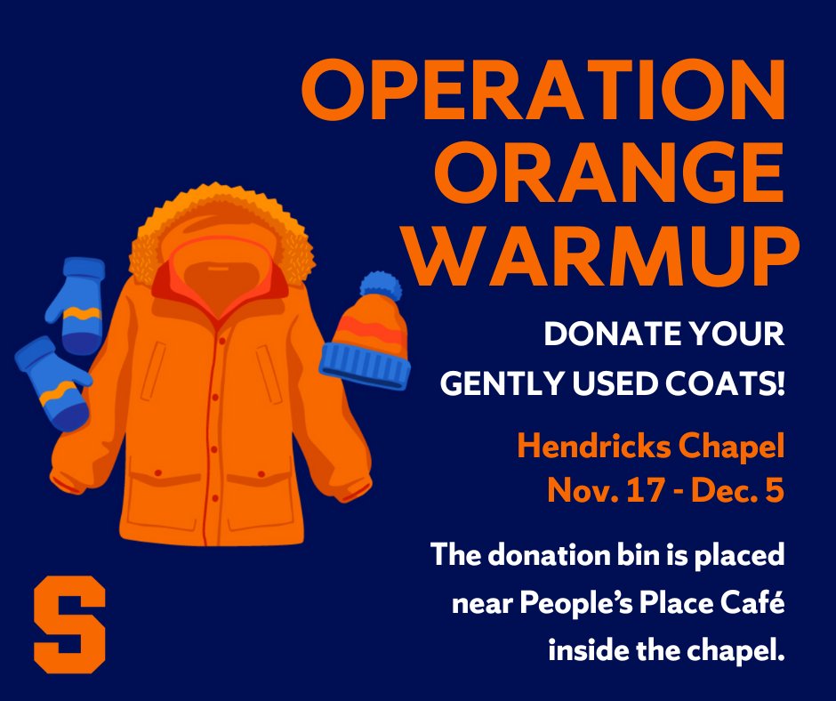 HendricksChapel's tweet image. ❄️ 🧡 Brr! It's cold outside! Please donate your gently-used coats at Hendricks Chapel from Nov. 17-Dec. 5. For more information, call 315.443.2901.