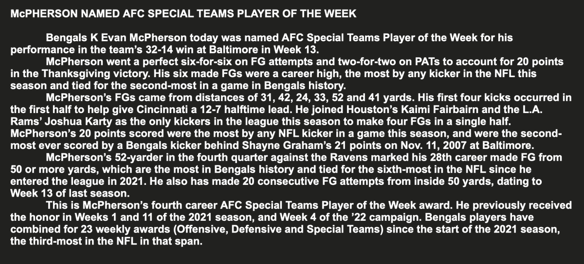 Trags's tweet photo. After going 6-for-6, Evan McPherson is the AFC Special Teams player of the week, his fourth. https://t.co/vtGEKqrJ8X