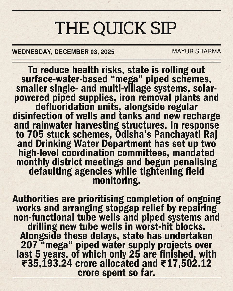 mayur259's tweet photo. #WaterNews: Odisha drinking water push stalls as 705 multi-village schemes lag and only 25 of 207 mega projects are complete.

#TheQuickSip #BusinessNews https://t.co/y5uhYI1rDY