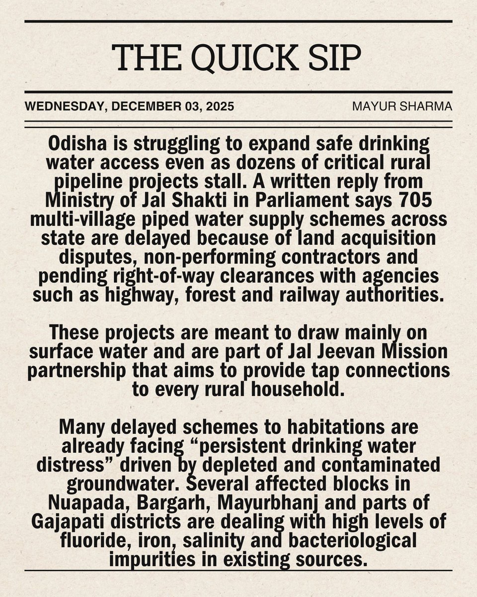 mayur259's tweet photo. #WaterNews: Odisha drinking water push stalls as 705 multi-village schemes lag and only 25 of 207 mega projects are complete.

#TheQuickSip #BusinessNews https://t.co/y5uhYI1rDY