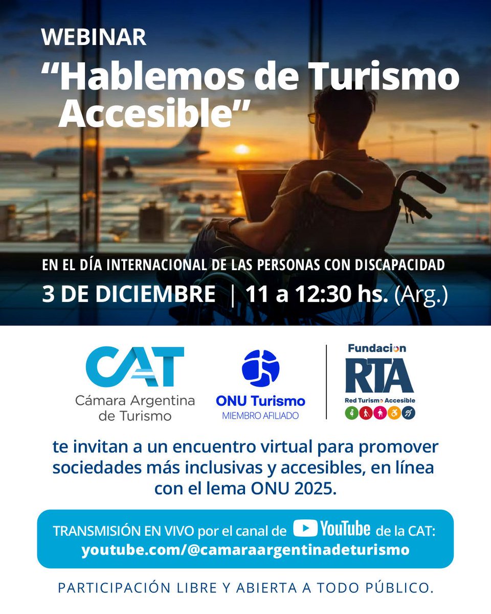 El webinar “Hablemos de Turismo Accesible”, organizado por el Miembro Afiliado <a href="/cat_turismo/">Cámara Argentina de Turismo</a> y <a href="/TurAccesible/">Turismo Accesible 🇦🇷</a>, destacó la importancia de la accesibilidad como factor 🗝️ en la experiencia turística.

Desde <a href="/UNWTO/">UN Tourism</a>, seguimos trabajando para impulsar un turismo más inclusivo.🌍