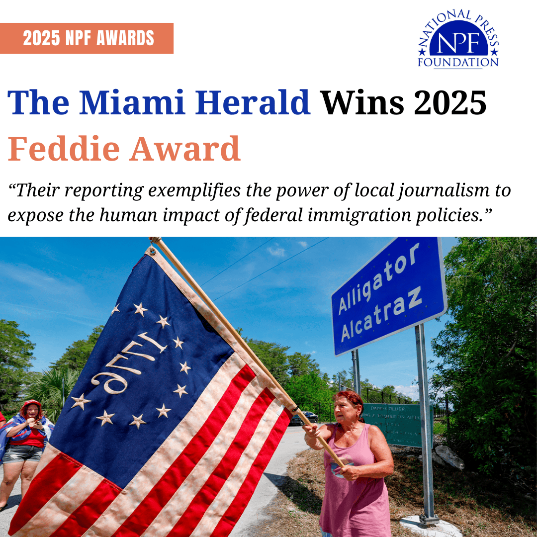 NatPress's tweet image. .@MiamiHerald has won NPF's 2025 Feddie Award for its investigative series on “Alligator Alcatraz,” putting names and faces to people who had vanished. nationalpress.org/award-story/th…