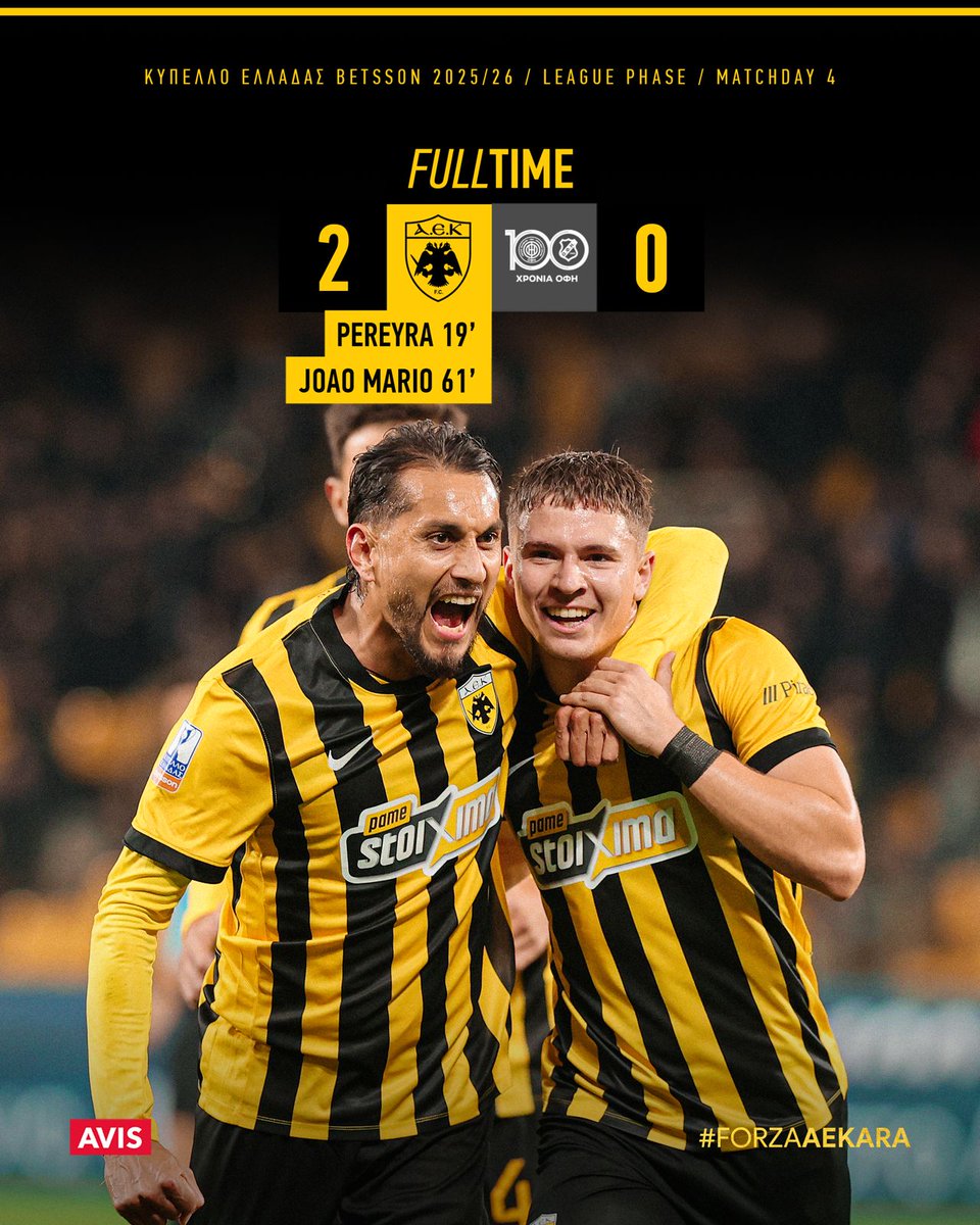AEK_FC_OFFICIAL's tweet image. Λήξη του αγώνα: ΑΕΚ – ΟΦΗ 2-0
#aekfc #aekfcseason2025_2026 #kypelloelladas