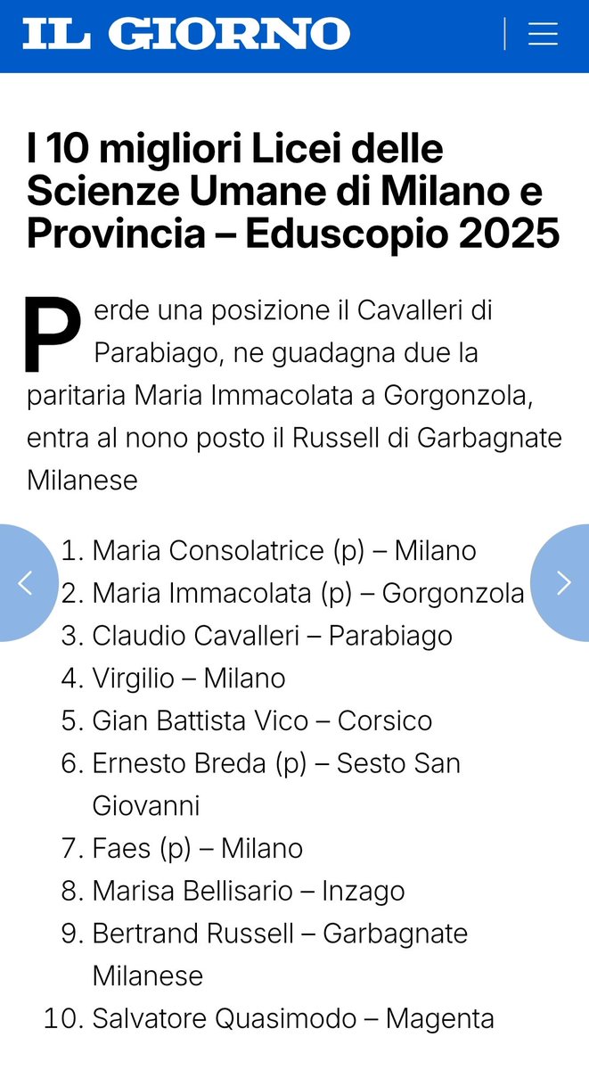 Il Liceo C. Cavalleri di #Parabiago (MI) si conferma tra i dieci migliori #liceiscientifici della Provincia di Milano, secondo l'indagine 2025 di Eduscopio.