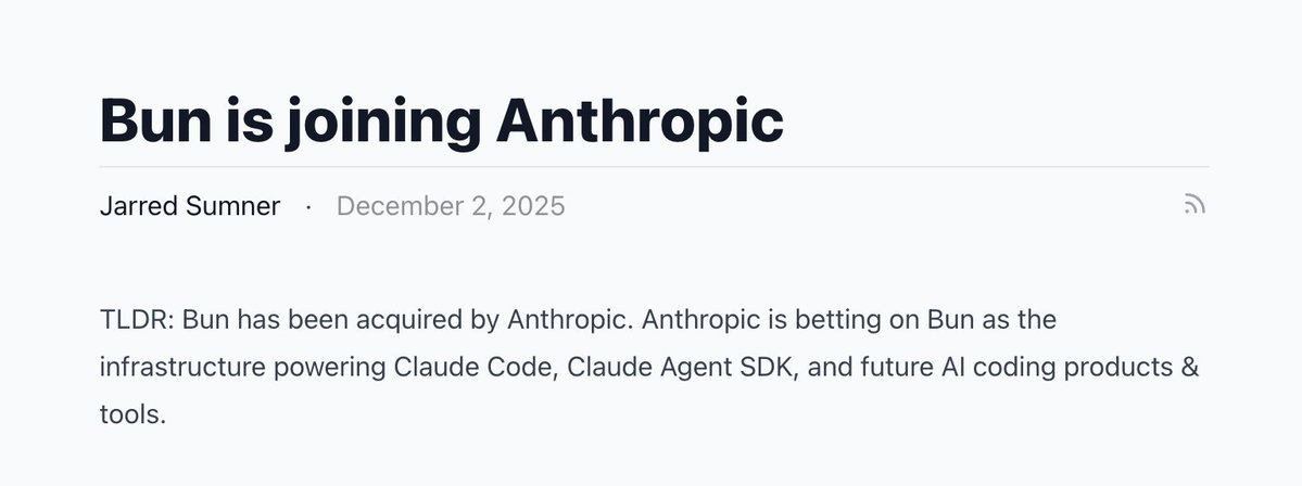PratikSontakke_'s tweet image. Big news - Bun has been acquired by Anthropic! 🎉 Bun stays open-source and will power AI-coding tools like Claude Code - expect faster builds, better tooling &amp;amp; a huge boost for JS/TS devs.

bun.com/blog/bun-joins…

 #BunJS #Anthropic #JavaScript #TypeScript #AI
