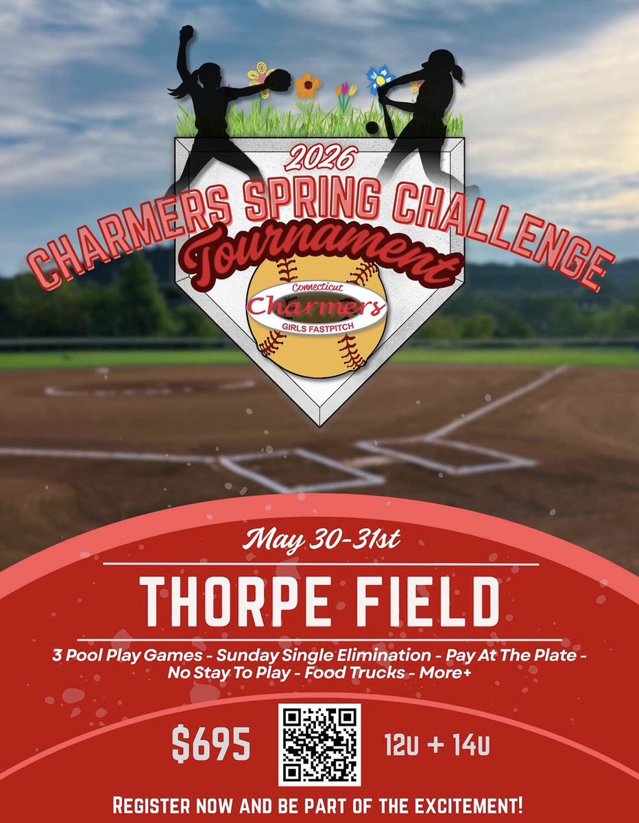 The Charmers are excited to be hosting another event in May for 12u and 14u! 

The Charmers Spring Challenge will be May 30-31st at Thorpe Athletic Complex in Meriden CT. 

3 pool play games, championship Sunday, great food, and no stay to play… come spend a weekend with us!
