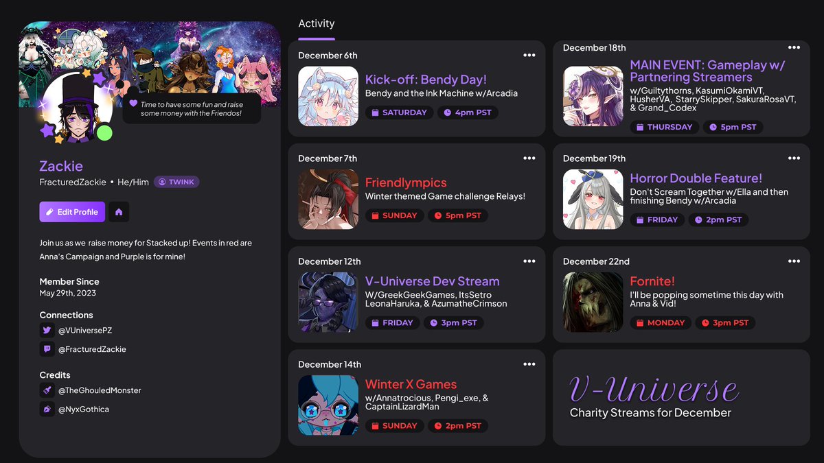 VUniversePZ's tweet image. Hi this is Director Zackie! I am teaming up with @StackUpDotOrg &amp;amp; @misstrocious to raise money for Charity Veteran&apos;s Mental Health!
The donos made during the purple streams will go towards my goals and the red ones im joining Anna for her campaign!
Event &amp;amp; incentive details below
