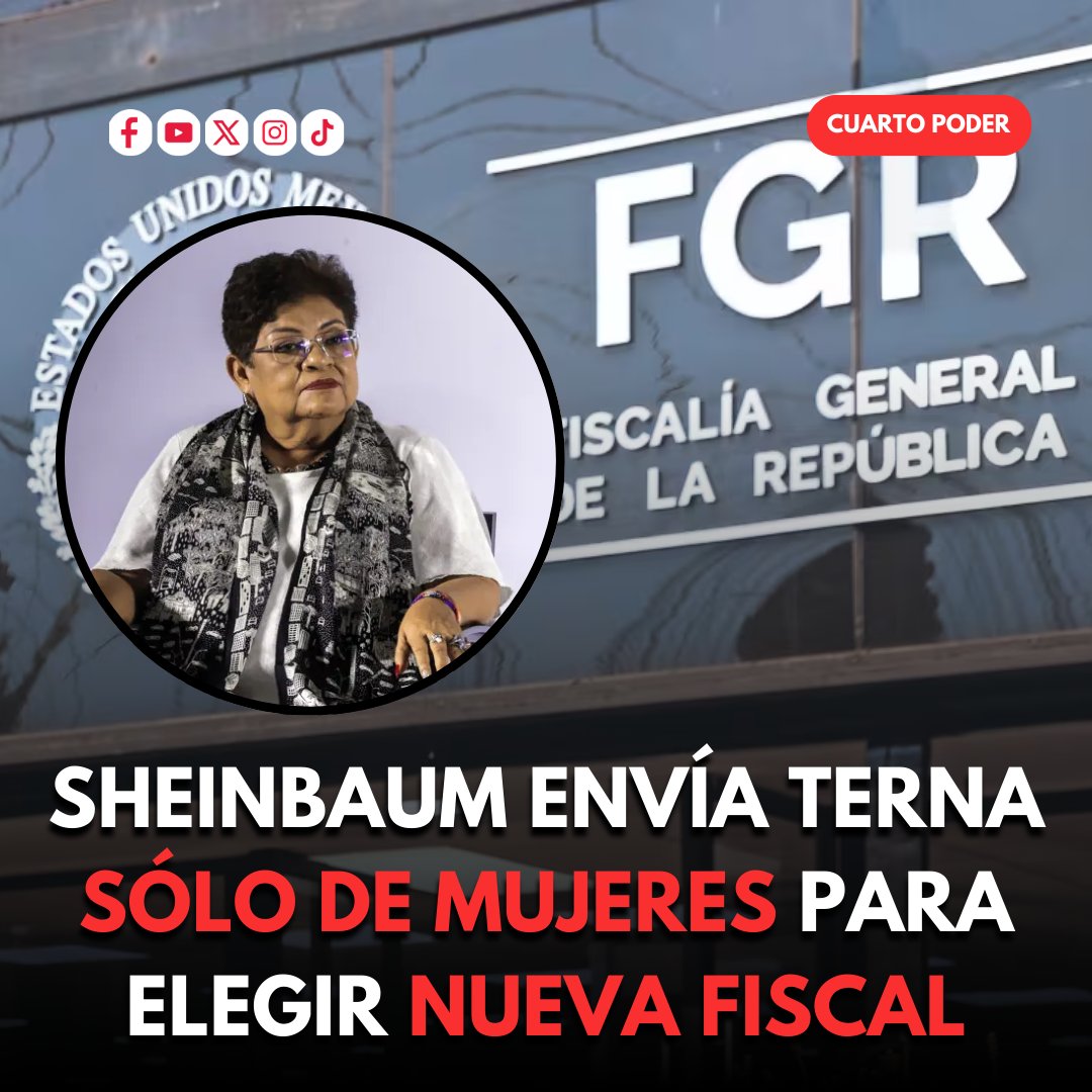 CuartoPoderMX's tweet image. Sheinbaum envía terna sólo de mujeres para elegir nueva fiscal; lista la encabeza Ernestina Godoy 👇🇲🇽

&quot;Es tiempo de mujeres&quot;, destacó la presidenta @Claudiashein sobre la próxima titular de la #FGR.

En la lista figuran Ernestina Godoy, Luz María Zarza Delgado y Maribel…
