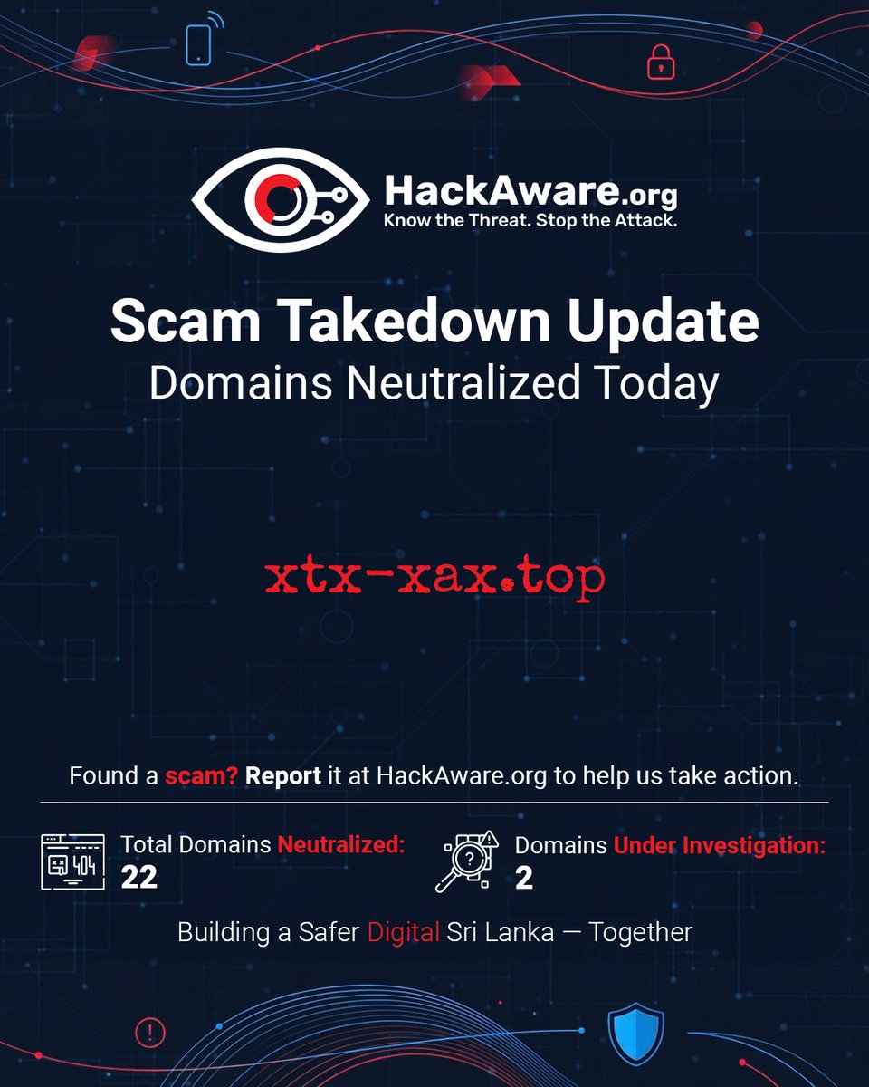 HackAwareOrg's tweet image. 🛡️ Another scam neutralized — because our community deserves protection.

Today, the domain xtx-xax.top was taken down — one less threat targeting innocent users.

Every takedown is a message: Scammers do not get to prey on Sri Lankans without a fight.

#HackAware